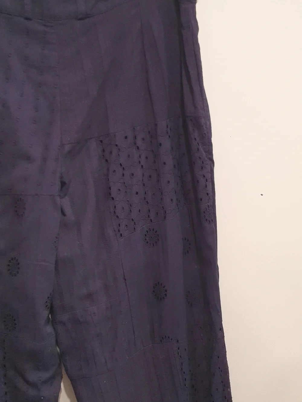 Zara Eyelet Lace Patchwork Navy Blue Embroidered Wide-Leg Pants Size Medium - Picture 8 of 11